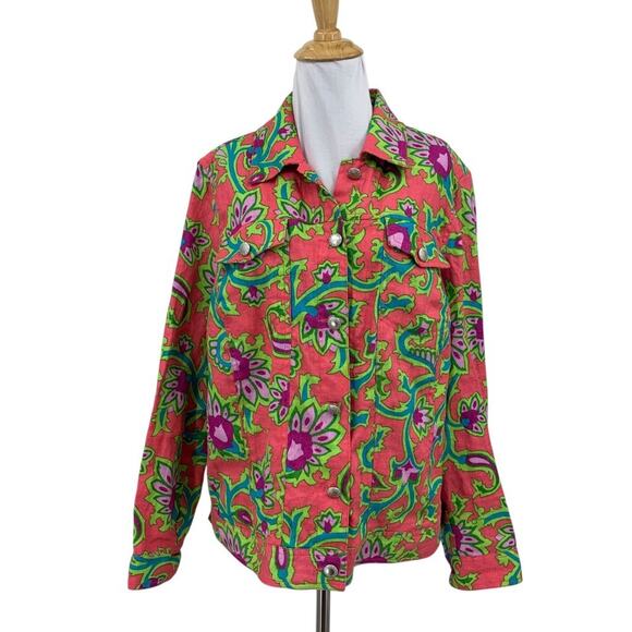 Lucy & Laurel Shirt Womens 1X Plus Bright Floral Linen Button Front Long Sleeve - Picture 1 of 10